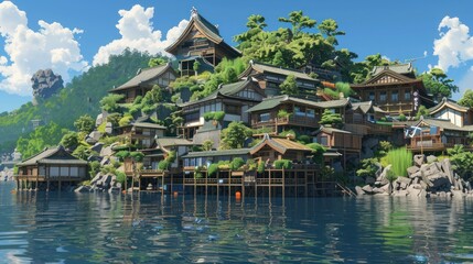 Obraz premium Traditional Japanese Houses on Lakeside Hillside View