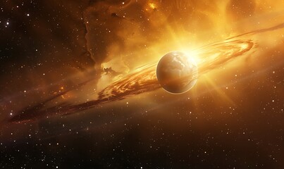 Obraz premium A glowing nebula wrapping around a distant planet, with swirling galaxies in the background