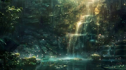 Fototapeta premium Enchanted waterfall cascading into a pool of shimmering, magical water