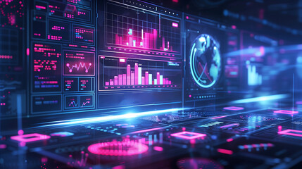 futuristic digital dashboard displaying real-time data and graphs, representing the power of AI in creating dynamic analytics for business with pink light effects