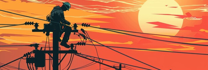 Electrician Working on Power Lines at Sunset - A silhouette of an electrician working on a power line against a dramatic sunset sky. The image symbolizes hard work, dedication