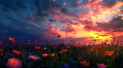 Obraz premium Mystical meadow where vibrant, glowing flowers bloom under a radiant sky