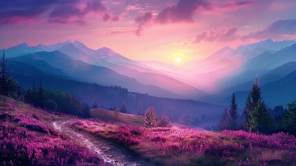 Sunset over vibrant lavender field and mountain range.