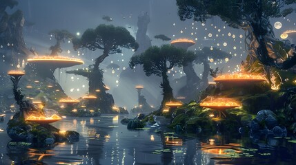 Obraz premium Dreamlike lake with floating, glowing islands and magical creatures