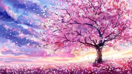 Obraz premium Beautiful sunset over a field with a cherry blossom tree.