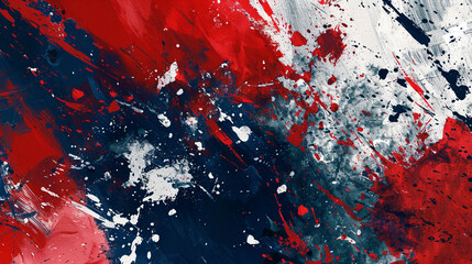 Bold, modern abstract background with splashes of red, navy blue, and metallic silver paint, creating a striking and contemporary design