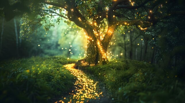 Mystical forest path leading to a glowing, enchanted tree with luminescent leaves