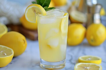 Fototapeta premium Refreshing Glass of Lemonade with Ice and Lemon Slices