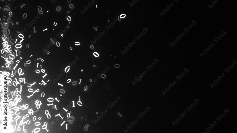 Poster animated stream of white ones and zeros on a black background. seamless looping animation.