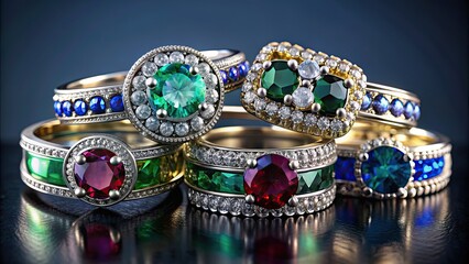 Elegant rings and bands with sparkling diamonds, emeralds, rubies, and sapphires, jewelry, gemstones, emerald, ruby, sapphire
