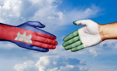 Ireland and Cambodia country handshaking with flags, consensus concept international co-operation illustration