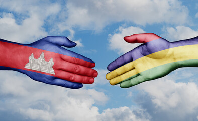 Mauritius and Cambodia country handshaking with flags, consensus concept international co-operation illustration