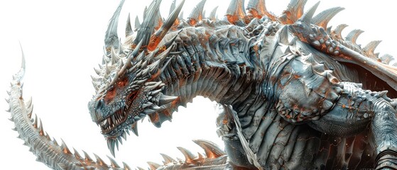 Stunning 3D-rendered image of a fierce dragon with sharp scales and menacing eyes, perfect for fantasy art and mythical creature enthusiasts.