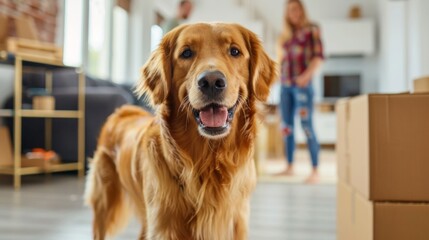 Golden Retriever Dog Welcoming New Homeowners with Boxes - A friendly golden retriever dog stands in the doorway of a new home