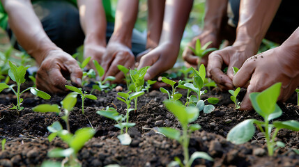 Hands planting seedlings in a garden bed 