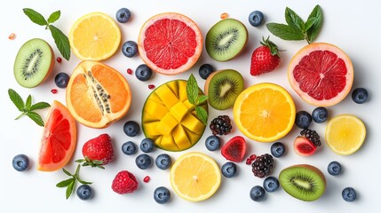 Naklejka premium different pieces of tropical fruits and berries on a white