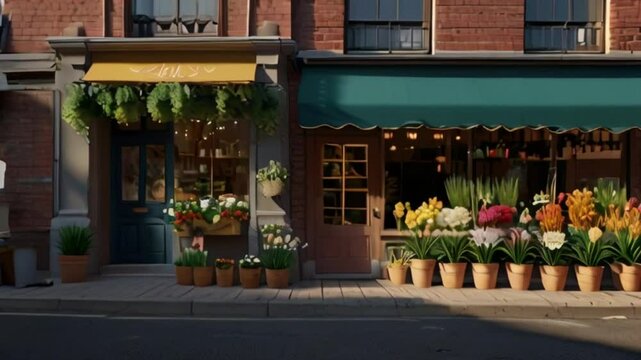 A flower shop with pink painted walls is located on the side of the road, several flowers can be seen placed in front of the shop