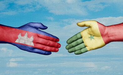 Republic of Senegal and Cambodia country handshaking with flags, consensus concept international co-operation illustration