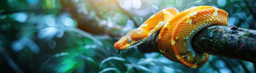 Fototapeta premium A large orange snake is curled up on a tree branch