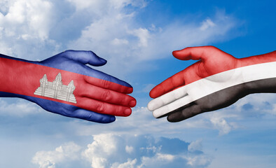 Yemen and Cambodia country handshaking with flags, consensus concept international co-operation illustration