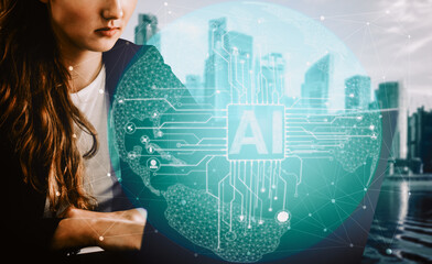 AI Learning and Artificial Intelligence Concept - Icon Graphic Interface showing computer, machine...