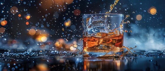 Glass of whiskey with ice cubes splashing, isolated on black background Vibrant, detailed, and dynamic imagery