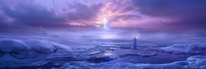 Hopeful Figure Gazes at Glowing Cross in Snowy Landscape - A solitary figure in a white robe stands in a snowy, ethereal landscape