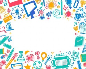 Detailed school-themed background featuring colorful doodle icons and flat design.