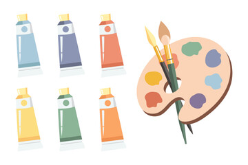 A palette with paints of different colors, brushes and a set of tubes with acrylic paints. Art supplies, accessories for creativity and hobbies. Poster, illustration