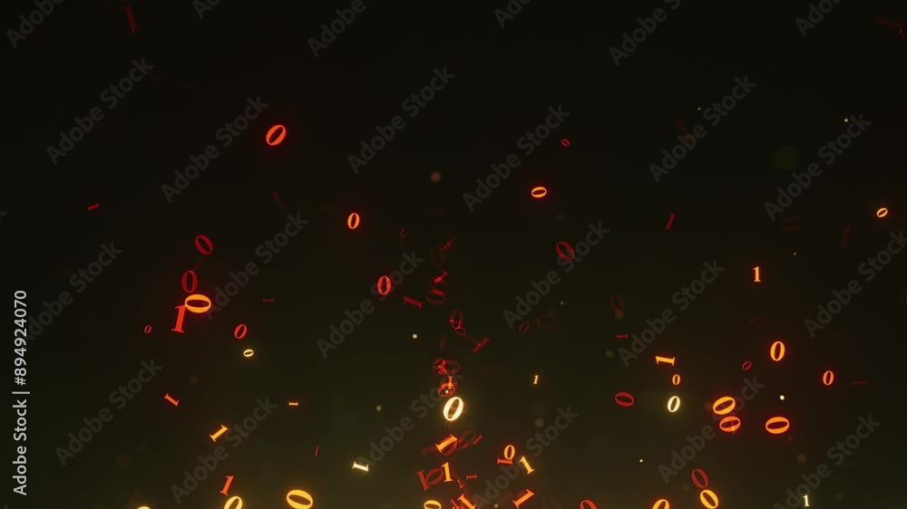 Poster animated stream of bright red-yellow ones and zeros on a dark background. seamless looping animation
