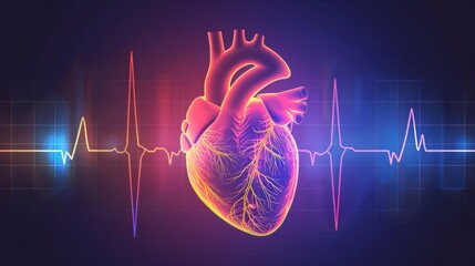 Human Heart Anatomy with EKG Line - Healthcare Illustration - A 3D illustration of a human heart with EKG line, representing heart health, cardiovascular system, medical science, life, and vitality.