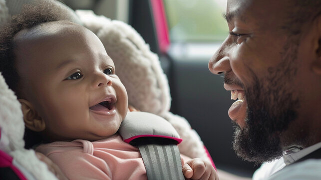Smiling father looks at his baby who is securely strapped into a car safety seat, depicting a moment of bonding and responsible parenting