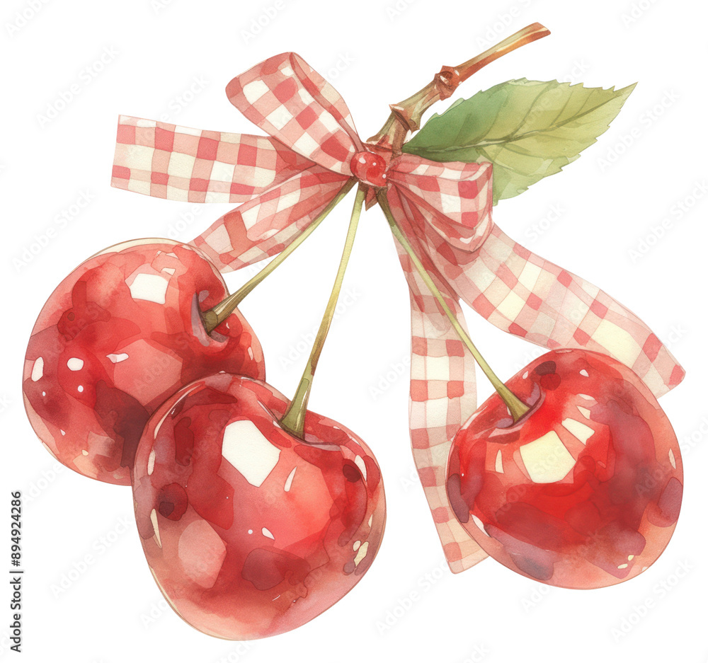 Wall mural png watercolor cherries with gingham ribbon