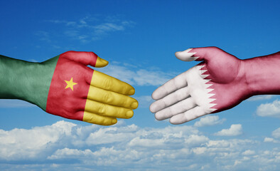 Qatar and Cameroon country handshaking with flags, consensus concept international co-operation illustration