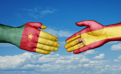 Spain and Cameroon country handshaking with flags, consensus concept international co-operation illustration