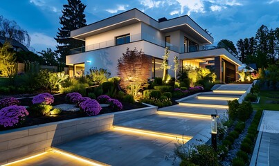 A modern garden landscape with an illuminated pathway leading to a residential house, highlighting ambient lighting installations and vibrant flowers