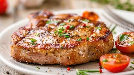 Tasty pork chop steak on a plate, captured in a close-up to emphasize its delicious and widely loved flavor