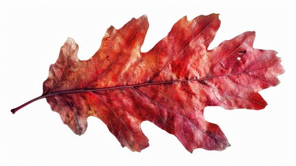 Fototapeta premium Close-up of a vibrant red autumn leaf isolated on a white background, highlighting its intricate texture and natural beauty.