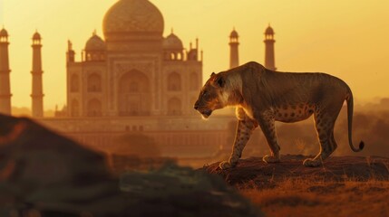 Majestic Lioness at Sunset with Taj Mahal in the Background - A powerful lioness walks across a rocky outcrop with the iconic Taj Mahal silhouetted in the golden sunset. It symbolizes strength