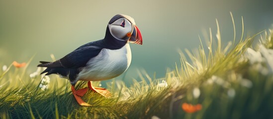 Naklejka premium Puffin Standing in a Field of Grass