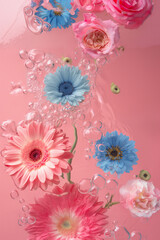 Underwater creative love concept of fresh Spring flowers in water background. Love is in the water, happy Valentine's Day. Pastel pink background. Illustration. 