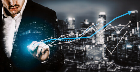 Double Exposure Image of Business and Finance - Businessman with report chart up forward to financial profit growth of stock market investment. uds