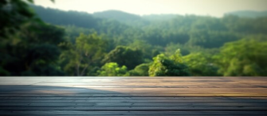 Fototapeta premium Wooden Deck with a Blurred Background of Lush Green Forest