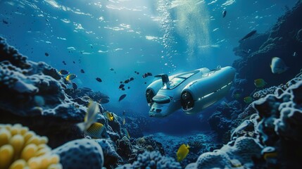 Fototapeta premium Underwater world with robotic marine life observer, capturing the beauty of the ocean's biodiversity and the role of technology in exploration