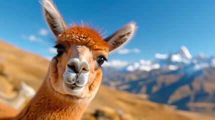 Obraz premium Close-Up of an Alpaca's Face with Snow-Capped Mountains in Background