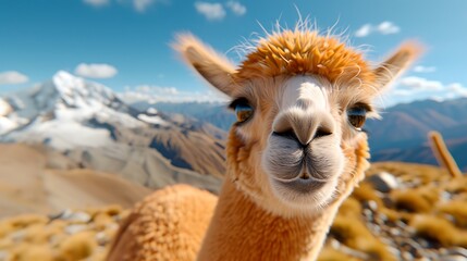 Obraz premium Close-Up of an Alpaca's Face with Snow-Capped Mountains
