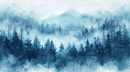 Misty Mountain Forest Watercolor Painting - A serene watercolor painting of a misty mountain forest, with tall trees reaching up towards the sky. The painting evokes a sense of peace, tranquility