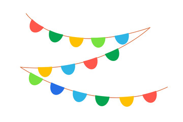 Hanging summer party garland for kids. Childish pennant border isolated on white background. Colorful flags in rainbow colors. Vector clipart