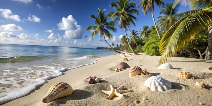 The image depicts a serene tropical beach with seashells scattered on the sand