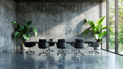 Modern Meeting Room with Concrete Walls and Natural Light - A sleek and modern meeting room with a concrete wall backdrop, large windows letting in natural light